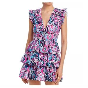 Aqua Ruffle Tiered Mini Dress Pink Blue Abstract Print Party Cocktail Women